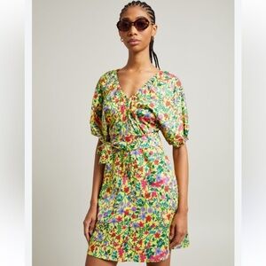 Max Mara Weekend Curvone Cotton Yellow Floral V-Neck Belted Flare Dress NWT $485